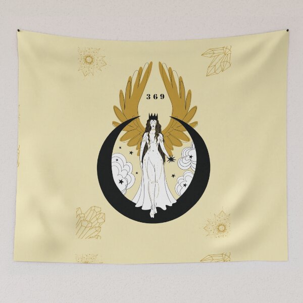 Item preview,  Angel Sun moon magic  tapestry Wall hanging stars space psychedelic Black and gold tapestries" 369" positive  Energy  designed and sold by Morinas.