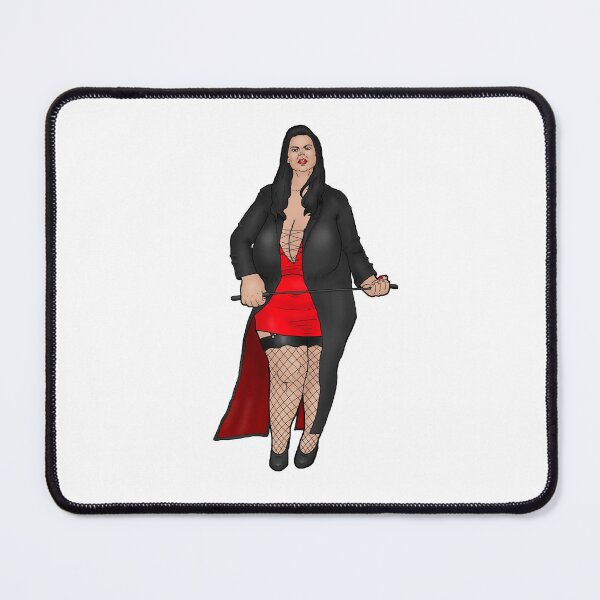 Item preview, BBW dominatrix with very large breasts in a red dress and leather coat designed and sold by PinUpsandPulp.