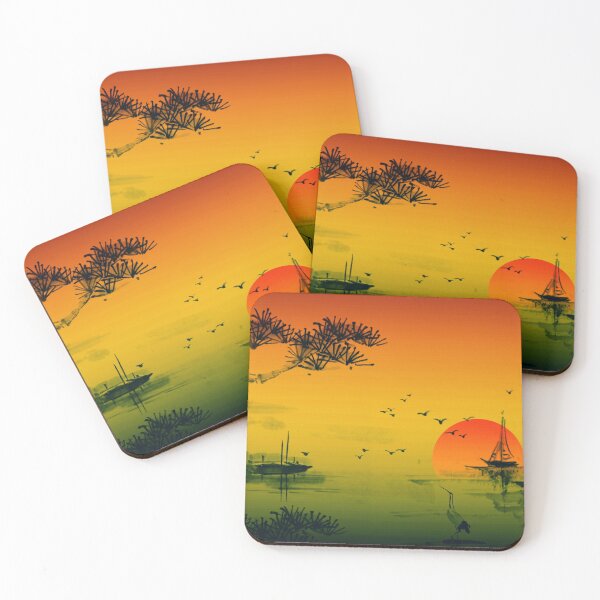Item preview, Sunset of Peace and Tranquility Ocean Boats at Anchor Birds in Flight Japanese Print designed and sold by Hanlar.