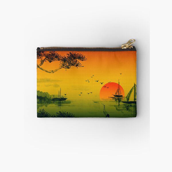 Item preview, Sunset of Peace and Tranquility Ocean Boats at Anchor Birds in Flight Japanese Print designed and sold by Hanlar.