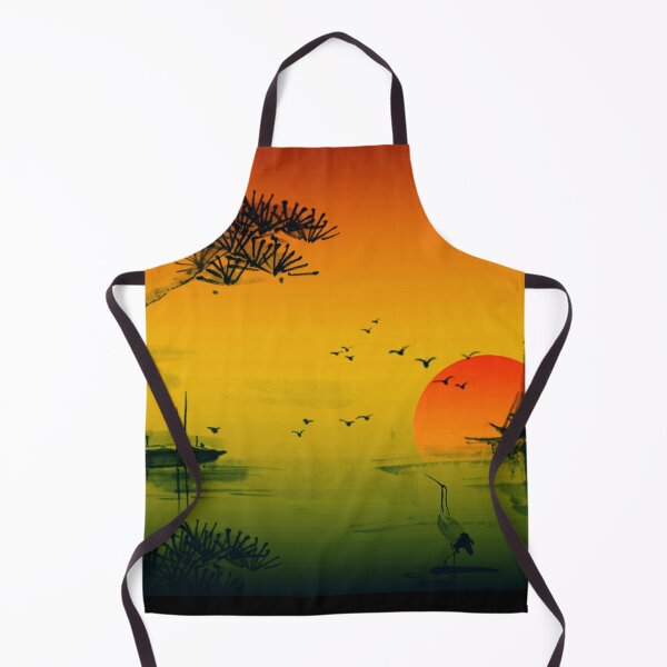 Item preview, Sunset of Peace and Tranquility Ocean Boats at Anchor Birds in Flight Japanese Print designed and sold by Hanlar.