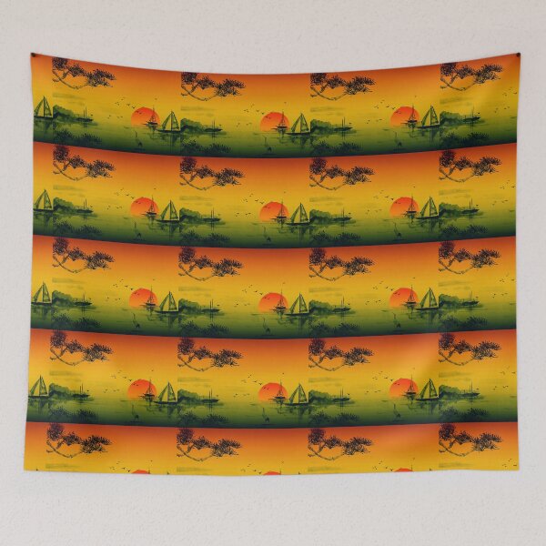 Item preview, Sunset of Peace and Tranquility Ocean Boats at Anchor Birds in Flight Japanese Print designed and sold by Hanlar.