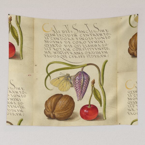 Item preview, Naturalist Manuscript: Flowers, Butterfly, Fruits, and Calligraphy Illumination by Joris Hoefnagel designed and sold by Naturalist Prints.