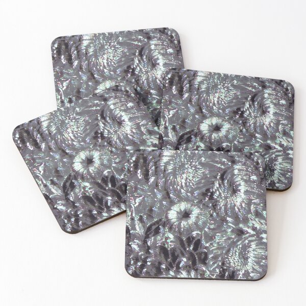 Item preview, chrysanthemums, white, winter flowers, mother-of-pearl, feathers, frost pattern, iridescence, large flowers designed and sold by Maria Mihailova.