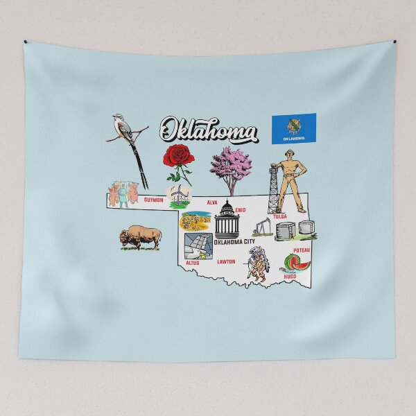 Item preview, Hand Drawn Illustration of Oklahoma Map with Tourist Destinations, USA designed and sold by mashmosh.