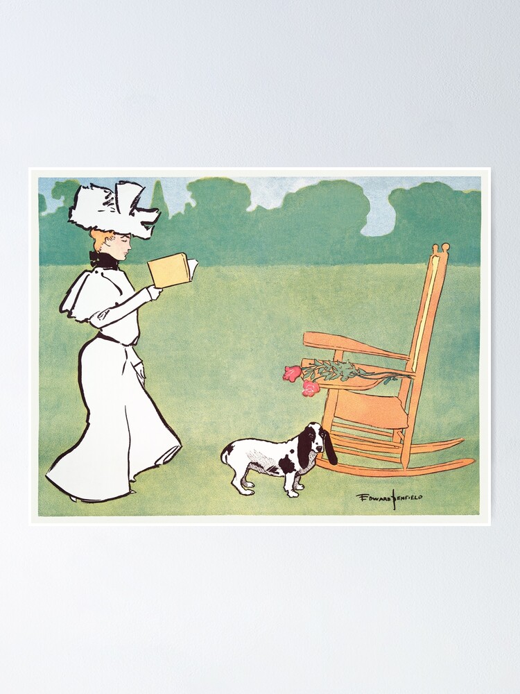 "Vintage Illustration by Edward Penfield, Woman reading in the garden
