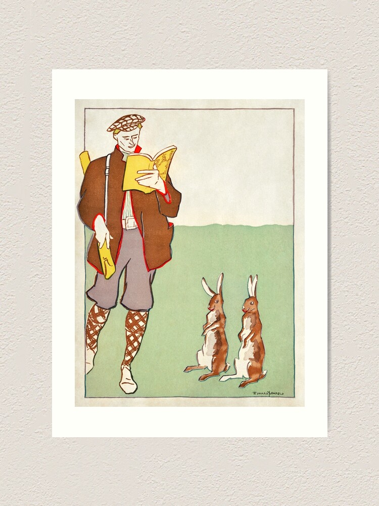 "Vintage Illustration by Edward Penfield, Man reading a book with Hares