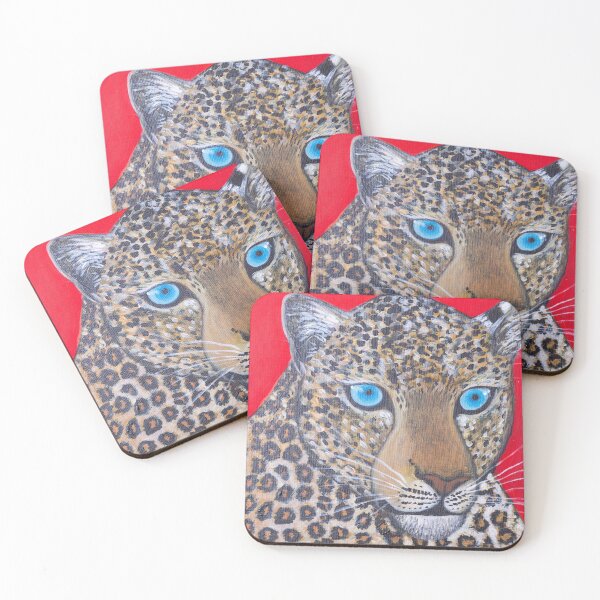 Item preview, Stunning blue eyed leopard with red background designed and sold by Rebekah Gavra.