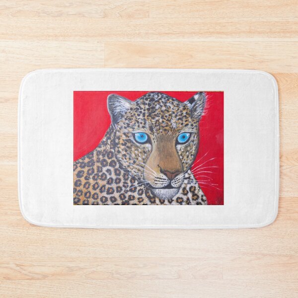 Artikelvorschau, Atemberaubender blauäugiger Leopard mit rotem Hintergrund entworfen und verkauft von Rebekah Gavra.