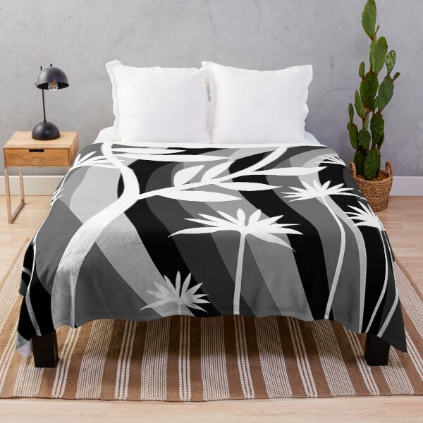 Black and White Botanical Illustration Curved Background and Plants Throw Blanket