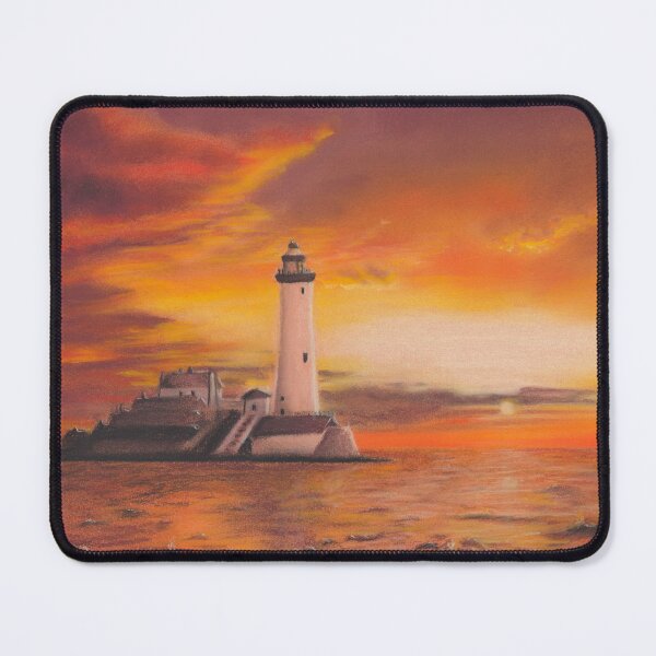 Item preview, Warm Lighthouse Ocean Sunset with Vibrant Orange and Yellow Clouds, A Pastel Seascape designed and sold by PrettyLittlePic.