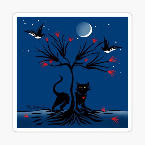 Black Cat on a Blue Night - Mischief and the Magpies Sticker
