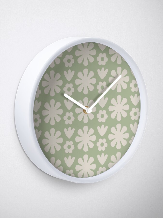 Alternate view of Scandi Floral Grid Retro Flower Pattern in Sage and Beige Clock