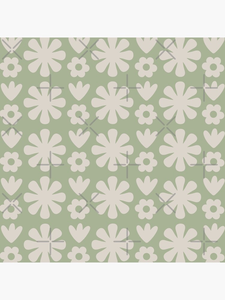 Scandi Floral Grid Retro Flower Pattern in Sage and Beige by kierkegaard
