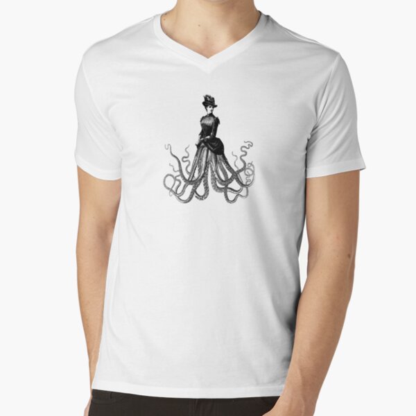 Victorian Gothic Octopus Woman | Victorian Octopus Lady | Hybrid Creatures | V-Neck T-Shirt