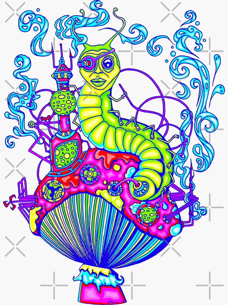 "Hooka Smoking Caterpillar Glow" Sticker by ogfx Redbubble