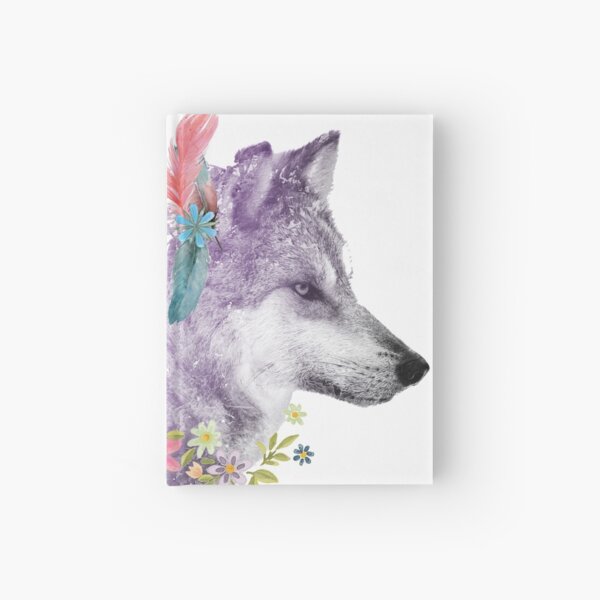 Wild Wolf With Flowers and Feathers Hardcover Journal