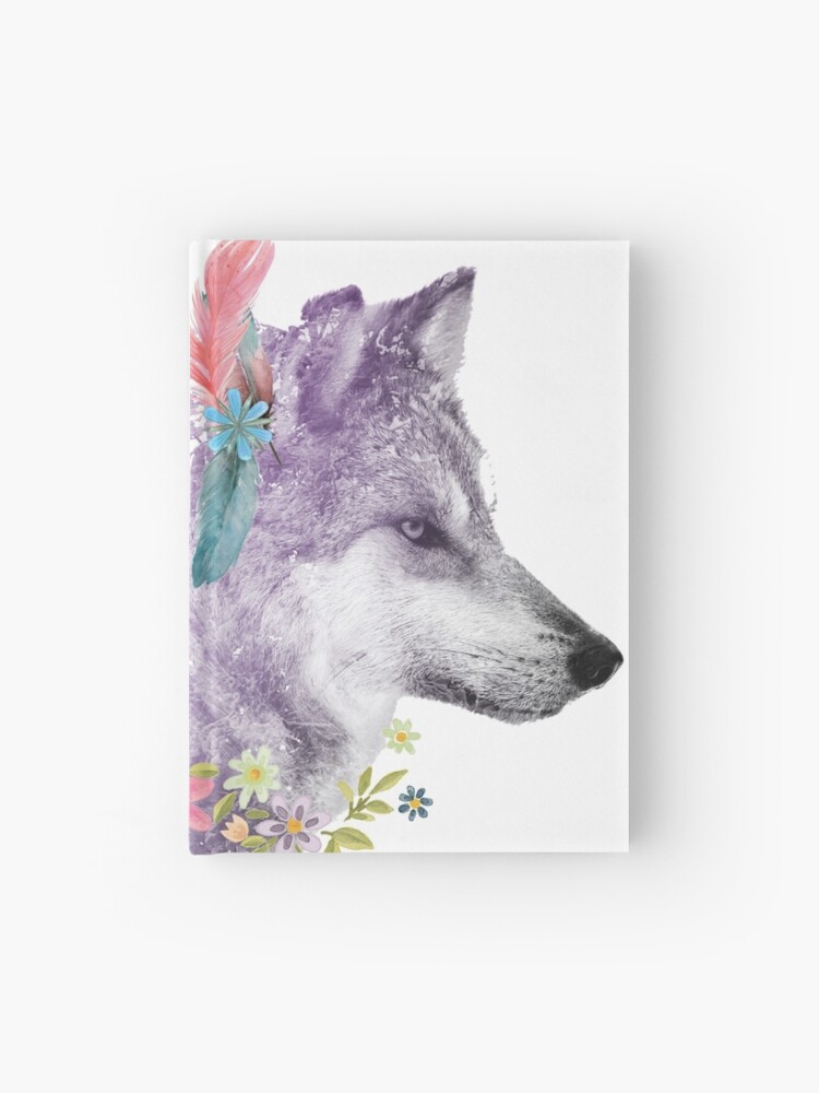 Thumbnail 1 of 3, Hardcover Journal, Wild Wolf With Flowers and Feathers designed and sold by Loz7.