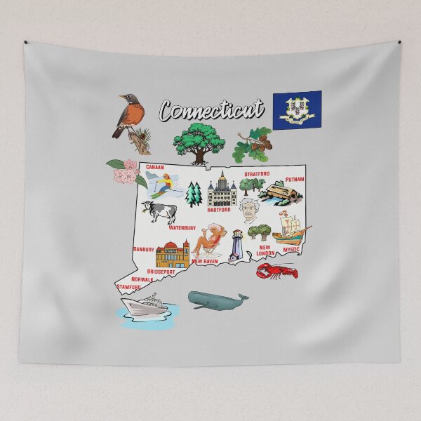 Item preview, Hand Drawn Illustration of Connecticut Map with Tourist Destinations, USA designed and sold by mashmosh.