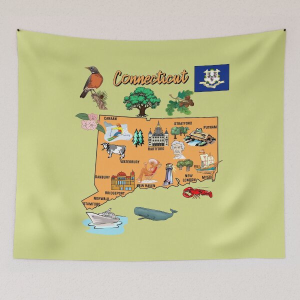 Item preview, Connecticut state map with major cities,Tourist Destinations and landmarks, USA designed and sold by mashmosh.