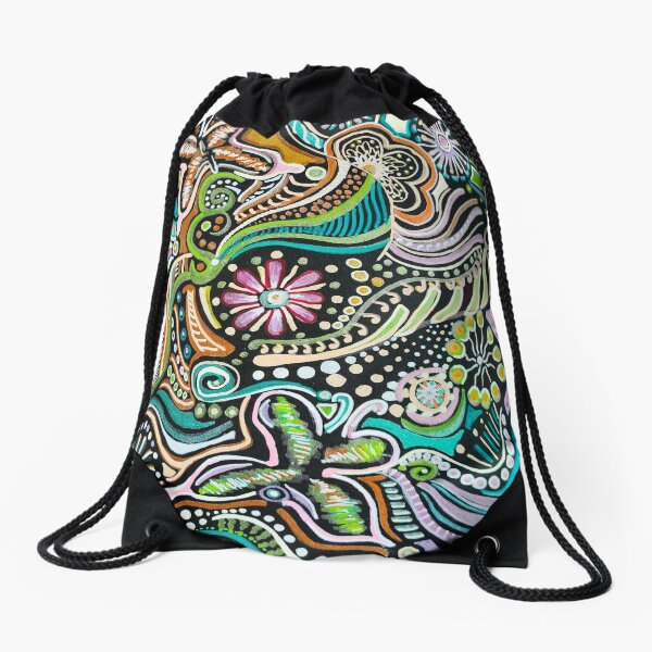 Psychedelic Drawstring Backpack Canvas Sack Bag Black Tribal Print