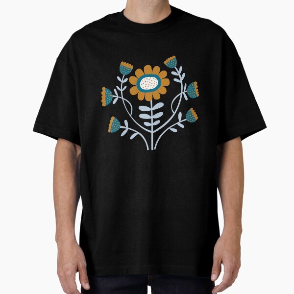 Arts and Crafts Folk Floral - Caramel and Teal on Navy - floral pattern by Cecca Designs Oversized T-Shirt