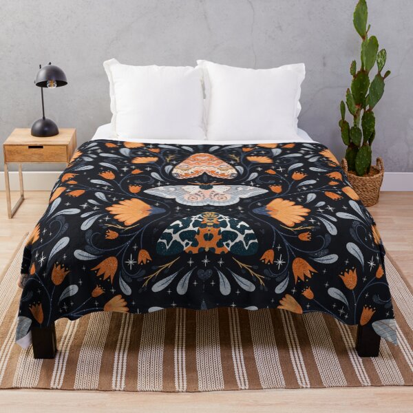 Floral Moths | Black Throw Blanket