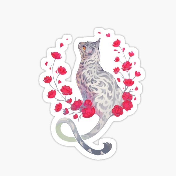 Silver bengal cat with red flowers  Sticker