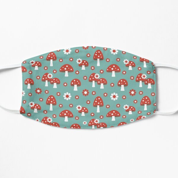 Flowers and Red And White Mushroom pattern blue background Flat Mask