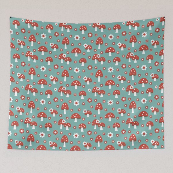 Item preview, Flowers and Red And White Mushroom pattern blue background designed and sold by urban-color.
