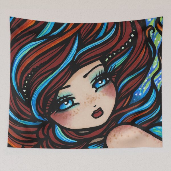 Item preview, Mermaid with Red and Blue Hair Fire and Ice Fantasy Art designed and sold by hannahlynnart.