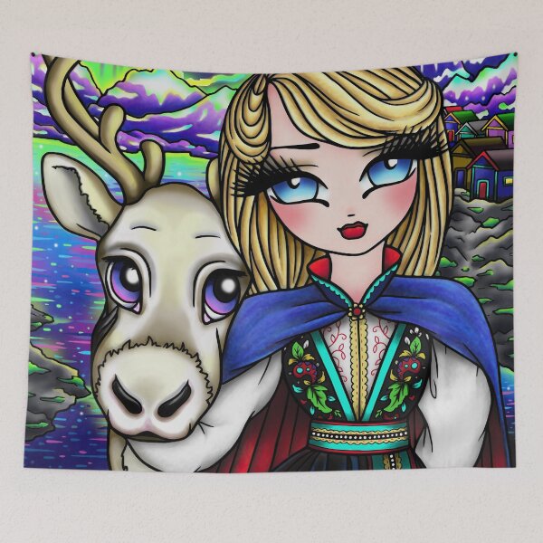 Item preview, Northern Lights Reindeer and Blonde Cutie Whimsical Fantasy Art designed and sold by hannahlynnart.
