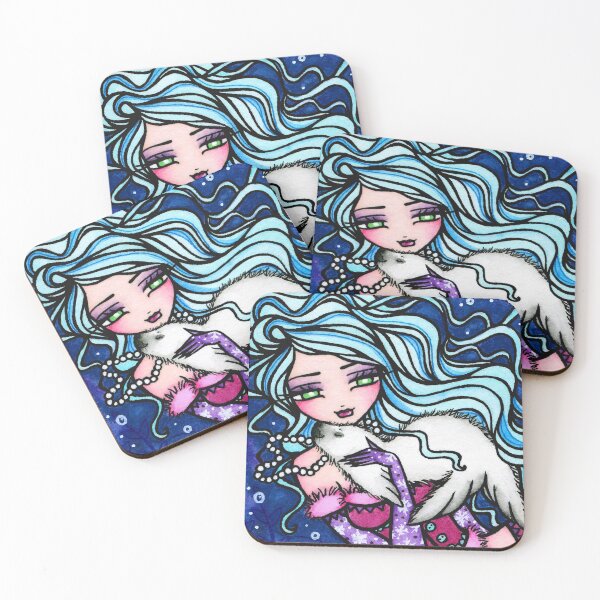 Item preview, Blue Hair Mermaid and Baby Seal Whimsical Art designed and sold by hannahlynnart.