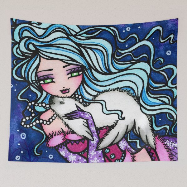 Item preview, Blue Hair Mermaid and Baby Seal Whimsical Art designed and sold by hannahlynnart.