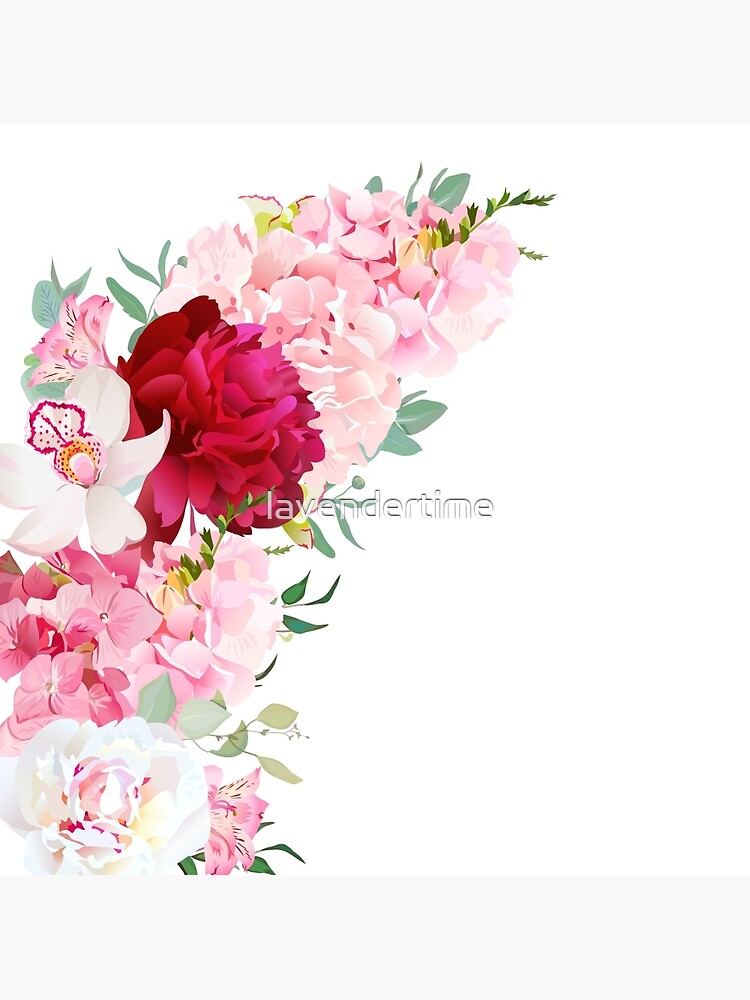 Tarjetas de felicitación «Marco floral de lujo del vector de la forma de la  luna con la peonía, lirio del alstroemeria, orquídea, hortensia, eucalipto  en blanco. Rosa, blanco y burdeos flores rojas.