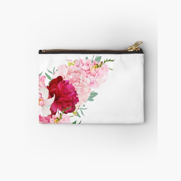 Item preview, Luxury floral crescent shape vector frame with peony, alstroemeria lily, orchid, hydrangea, eucalyptus on white. Pink, white and burgundy red flowers. All elements are isolated and editable. designed and sold by lavendertime.