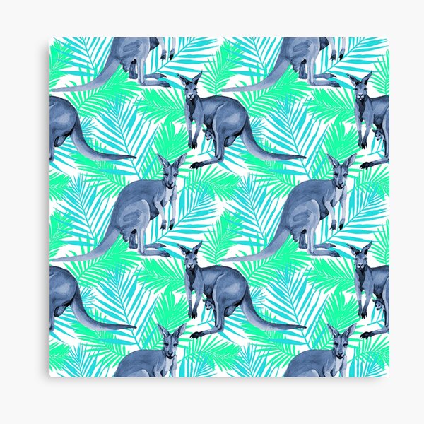 Item preview, Blue Watercolor Kangaroos Tropical Leaves  designed and sold by FlossieShop96.