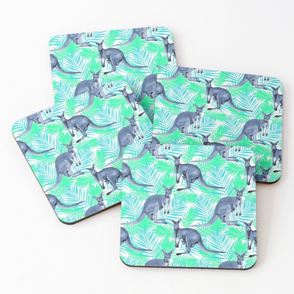 Item preview, Blue Watercolor Kangaroos Tropical Leaves  designed and sold by FlossieShop96.