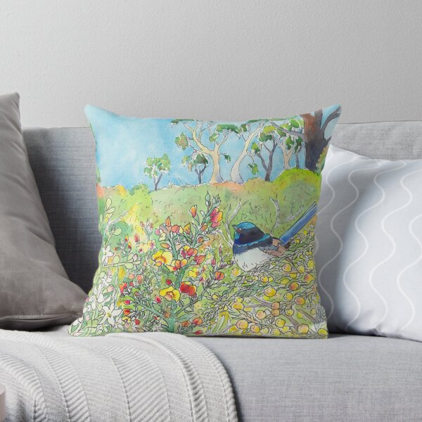 Landscape with flowers and superb fairy wren - ink and watercolour Throw Pillow