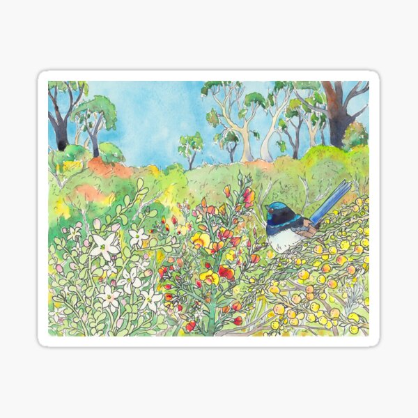 Item preview, Landscape with flowers and superb fairy wren - ink and watercolour designed and sold by Zoya Makarova.