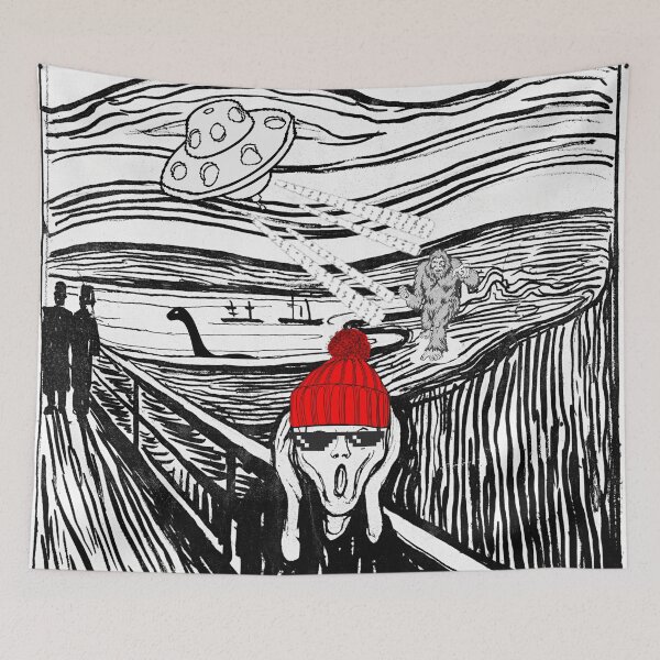 Item preview, The Scream Parody (Munch): The Scream meets Bigfoot vs Aliens vs Loch Ness Monster V2 designed and sold by OutofFocusShop.