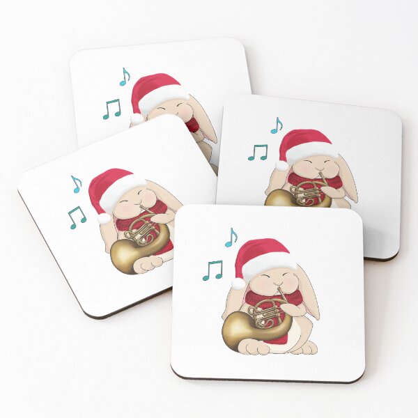 Item preview, Christmas Bunny Playing French Horn in Santa Hat and Scarf designed and sold by Jazznote.