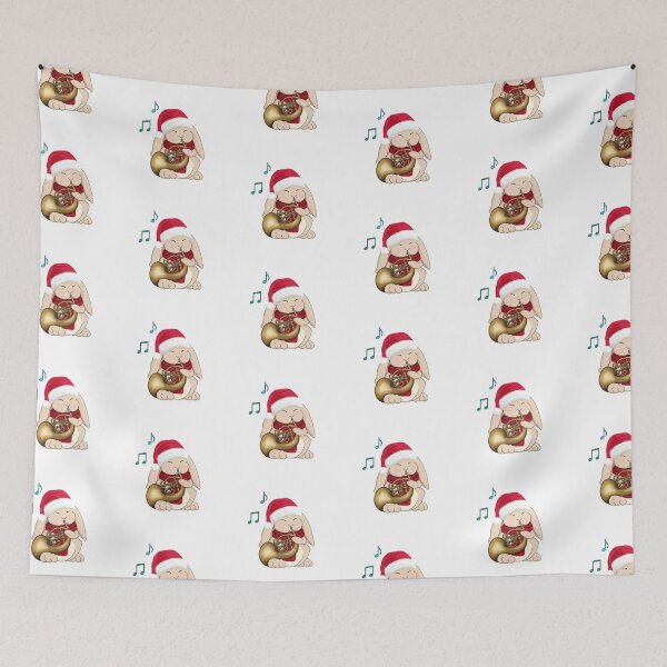 Item preview, Christmas Bunny Playing French Horn in Santa Hat and Scarf designed and sold by Jazznote.