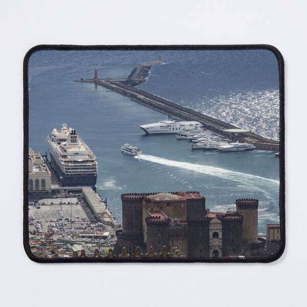 Item preview, Naples Distinctive Harbor in Silver and Blue - Castles and Cruise Ships From Above designed and sold by Georgia Mizuleva.