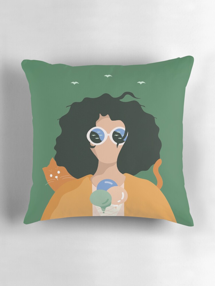 Hippie Catgirl and Her Ice Cream Eating Kitty Companion Pillow for Sale by LM09 Redbubble