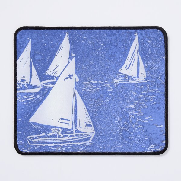 Item preview, Lino cut print in blue of Seabird sailing boats off Ravenspoint, Trearddur Bay, Anglesey, in North Wales designed and sold by LymphomaLass.