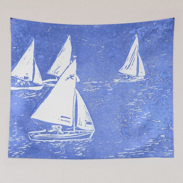 Item preview, Lino cut print in blue of Seabird sailing boats off Ravenspoint, Trearddur Bay, Anglesey, in North Wales designed and sold by LymphomaLass.