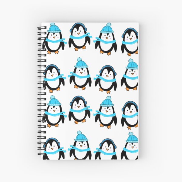 Festive Winter Penguins with Blue Scarves and Hats Spiral Notebook