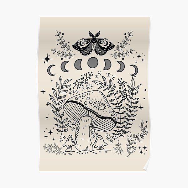 Cottagecore Mushroom Moon Phases Ivory Aesthetic Poster