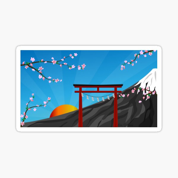 Mt. Fuji, Torii Gate, and Sakura (Less Blossoms) Vector Digital 16:9 Sticker
